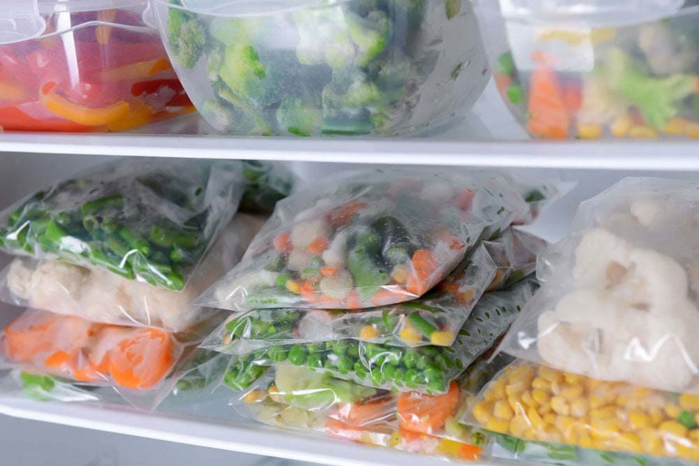 Photo of cooken vegetables in freezer bag in freexer